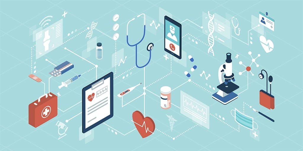 Illustration of medical icons, including a stethoscope, clipboard, pills and a doctor on a phone screen